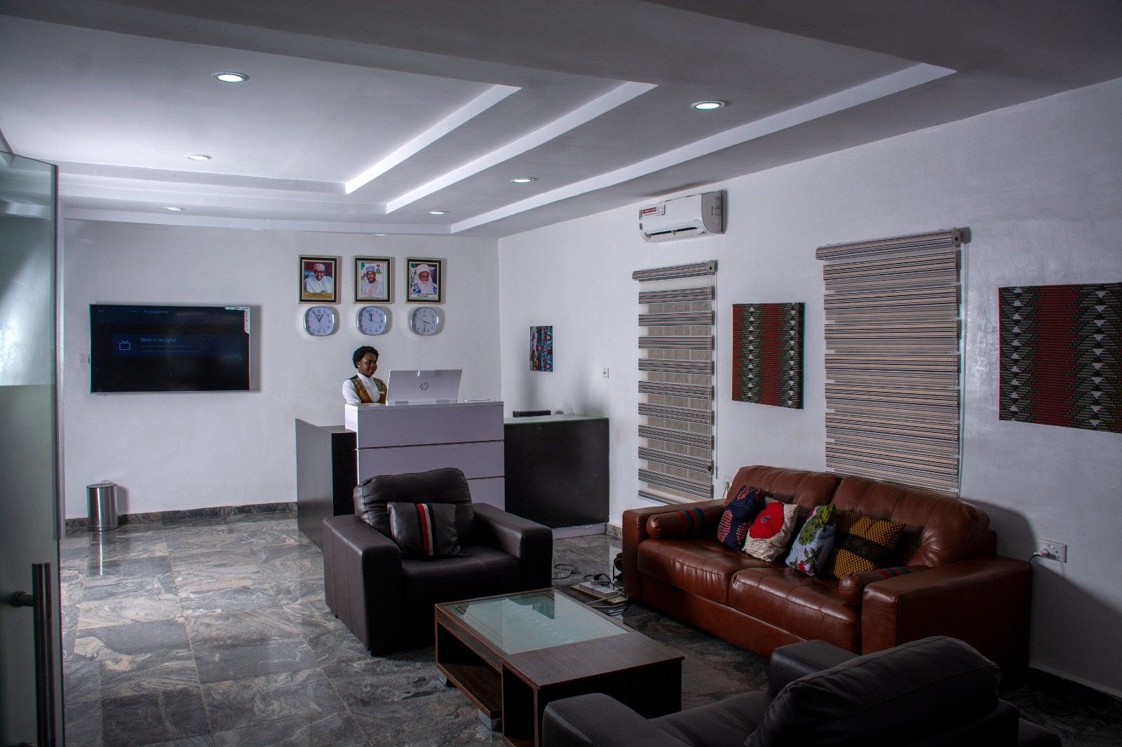 The conference room at House 7, arranged for a meeting.