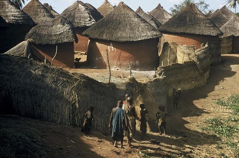 A Bida compound of thatched granaries and mud walls.